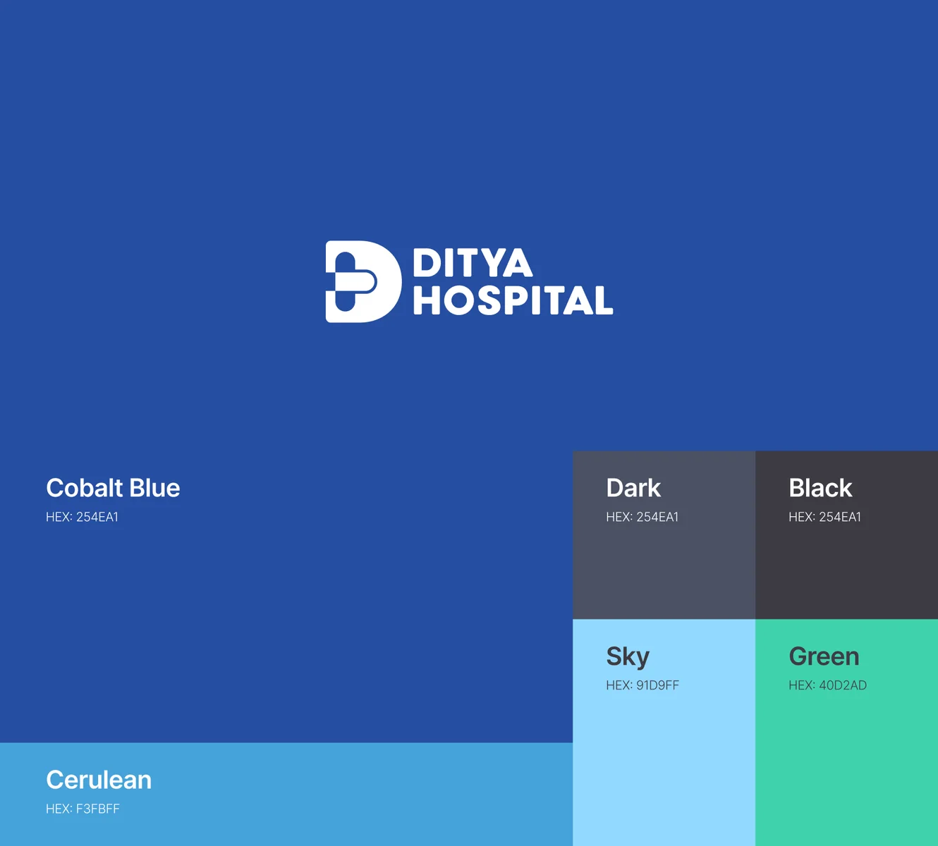 Colour palette: cobalt blue, cerulean, sky, green, dark and black