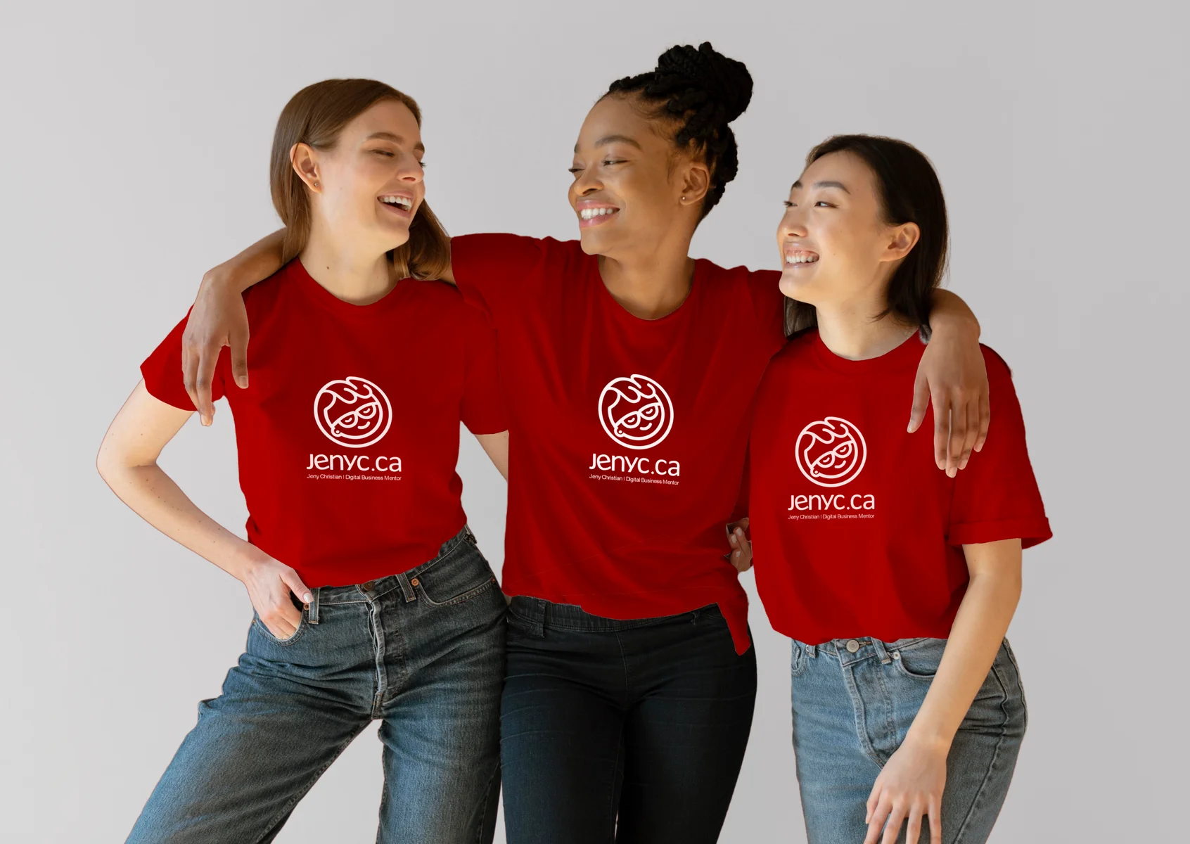 Team in branded red T-shirts