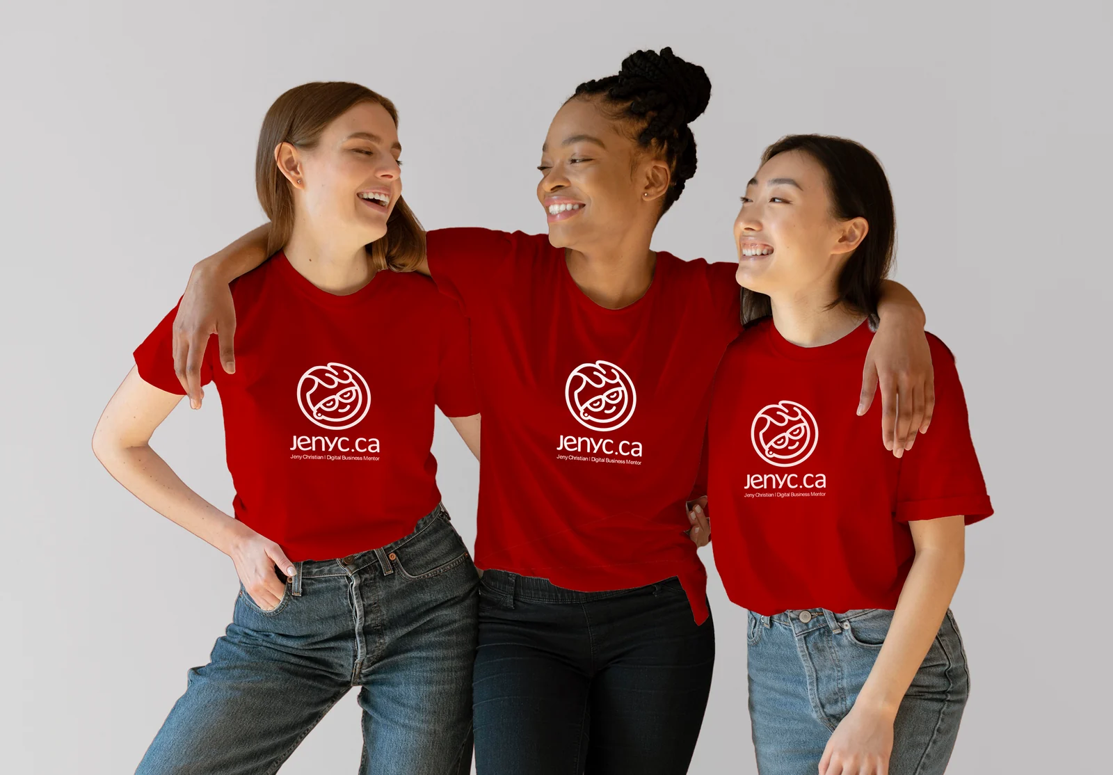 Three women in red Jenyc.ca T-shirts