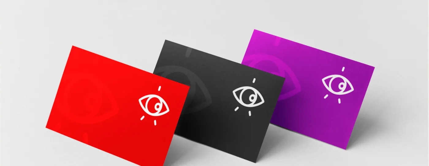 Business cards in ink, red and violet