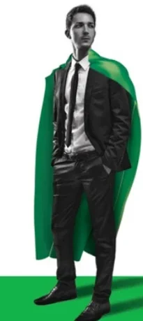 The campaign hero in a green cape