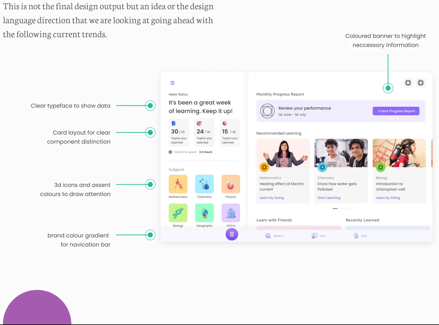 Annotated design direction for the BYJU'S dashboard