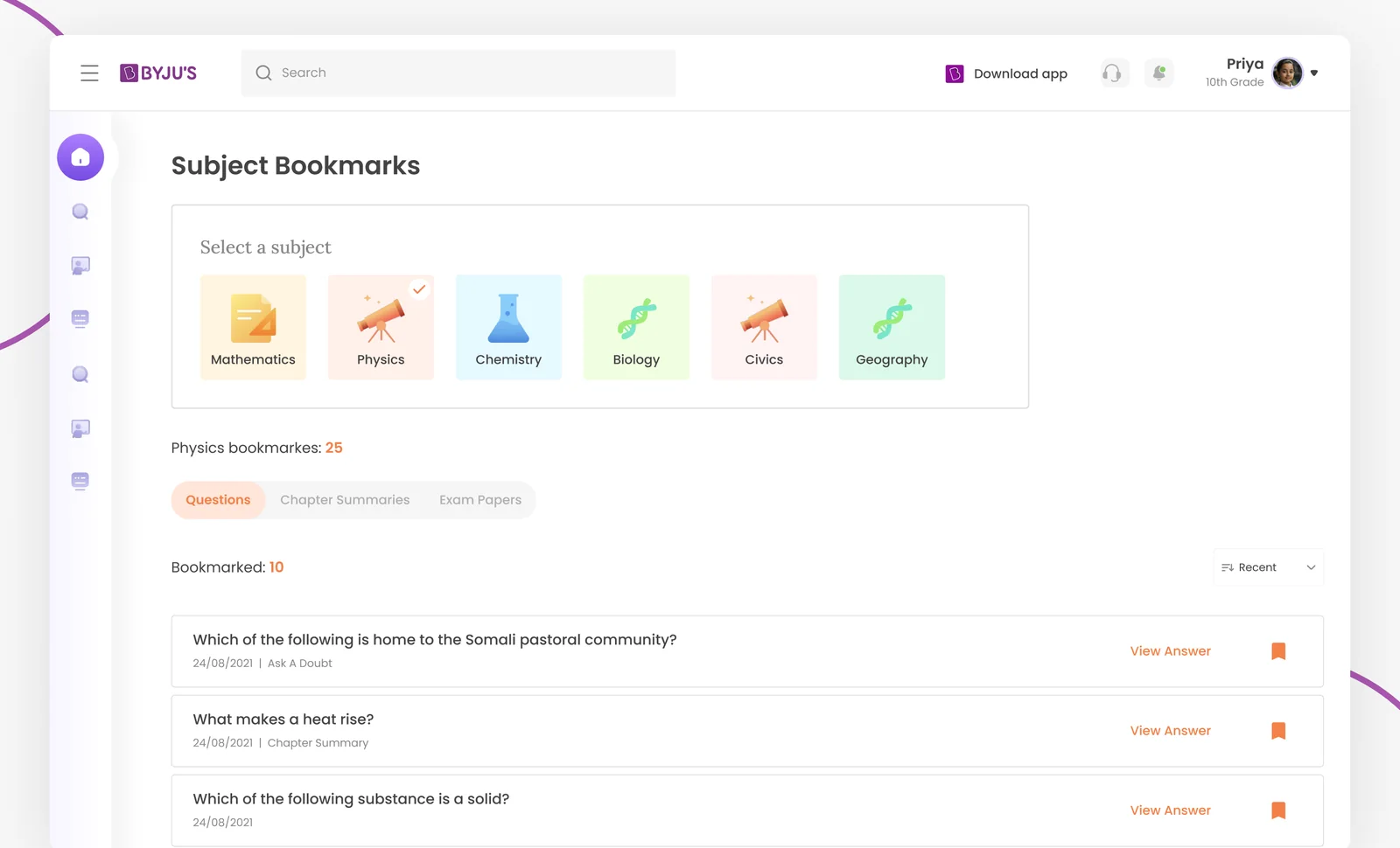 Bookmarks screen