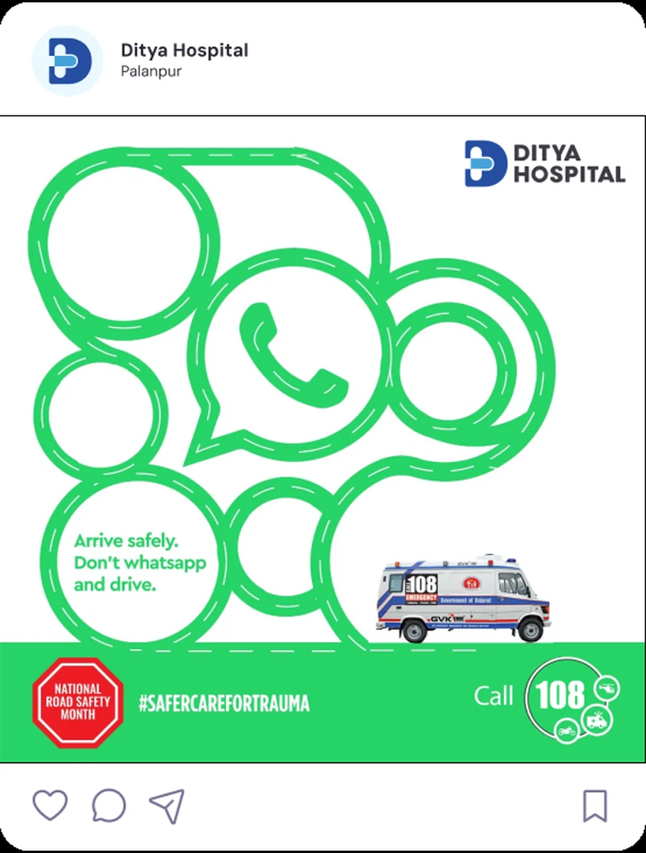Road safety post in an Instagram mock-up: arrive safely, don’t WhatsApp and drive