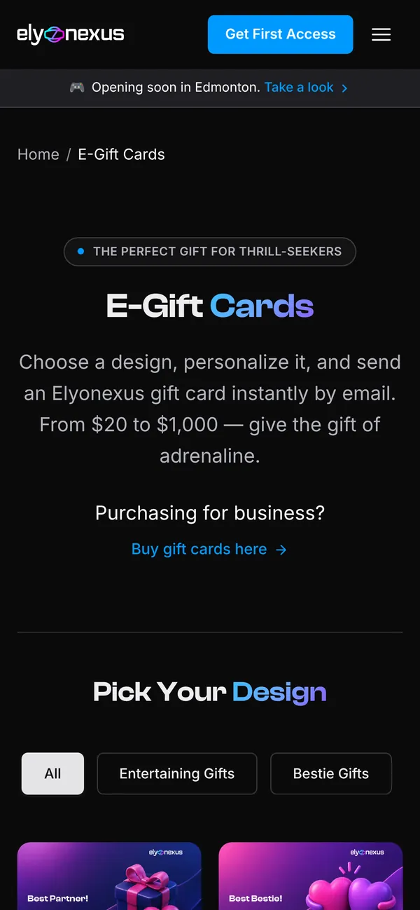 Mobile gift cards page