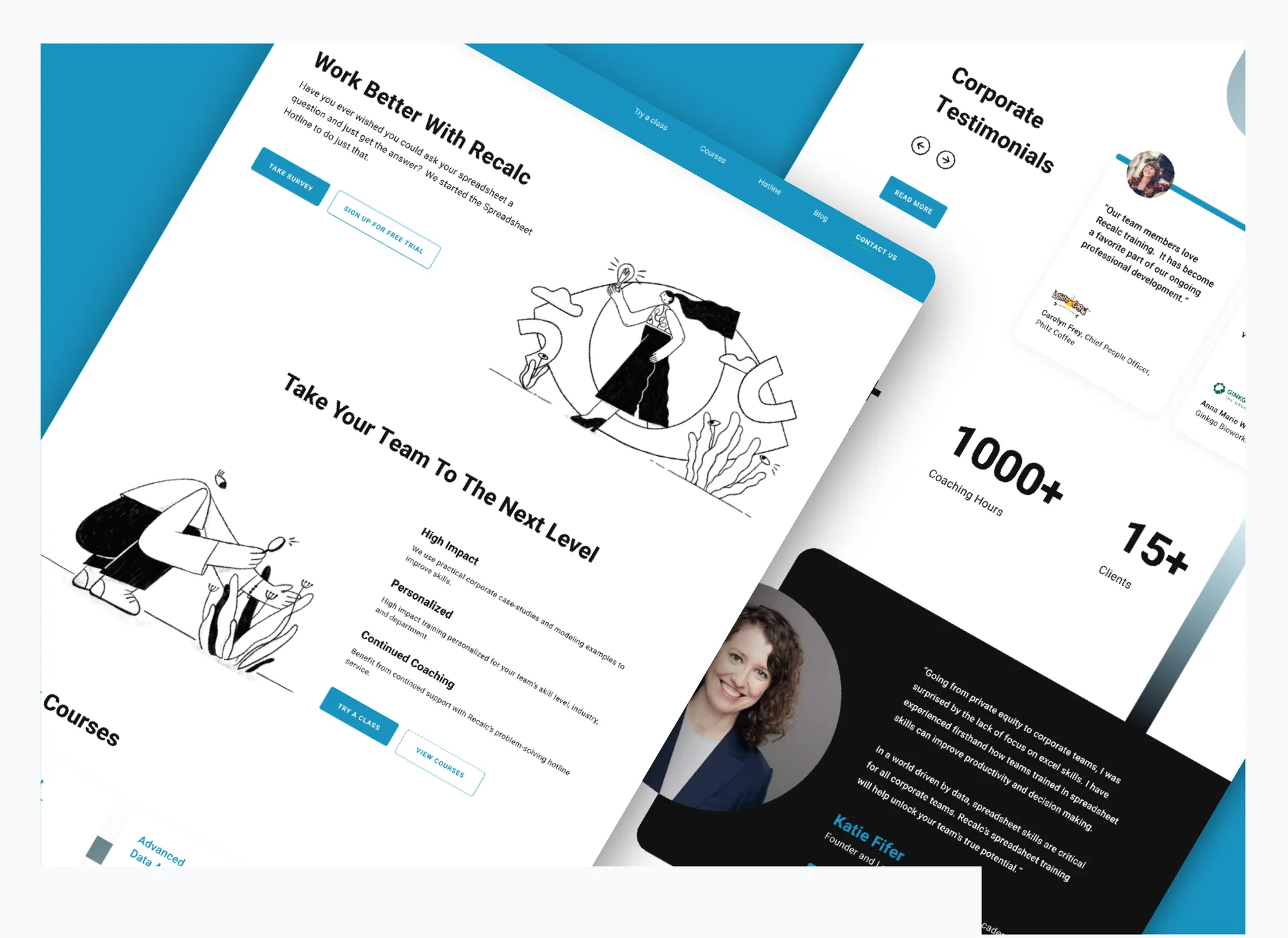 Recalc Academy website designs shown in perspective