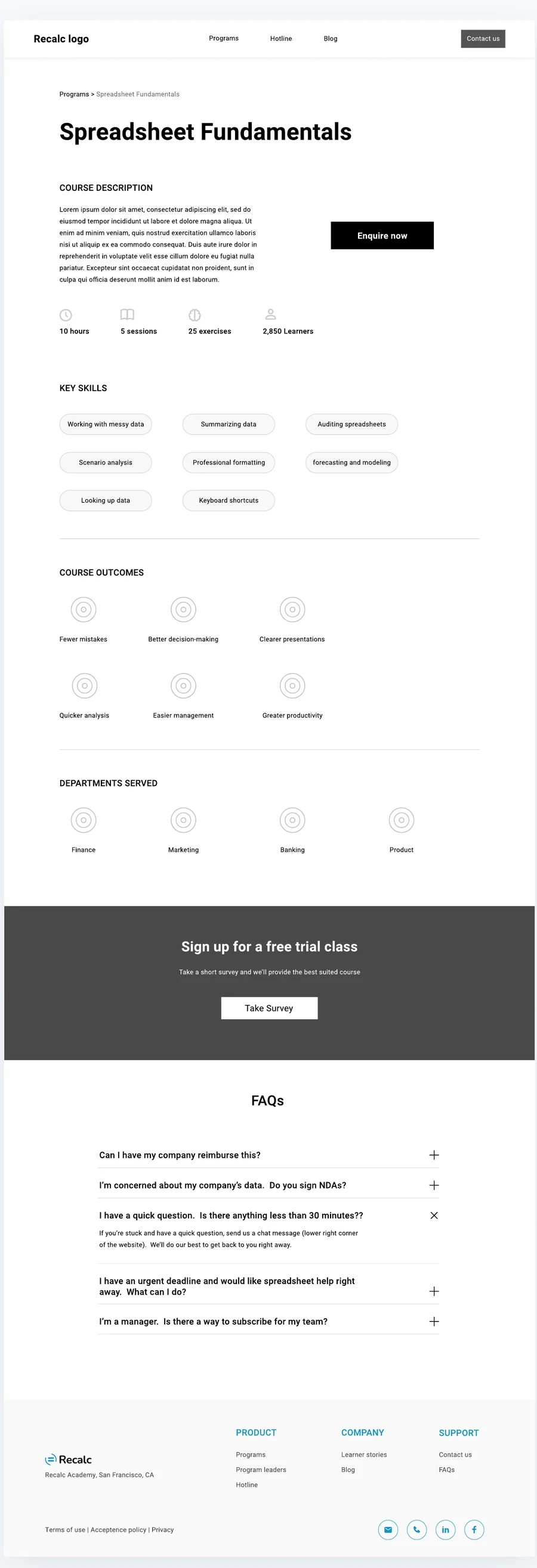 Course page wireframe
